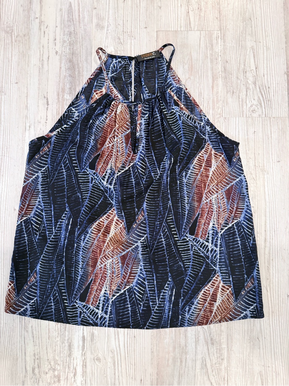 Renee C. Navy Blue Tropical Leaf Halter Camisole